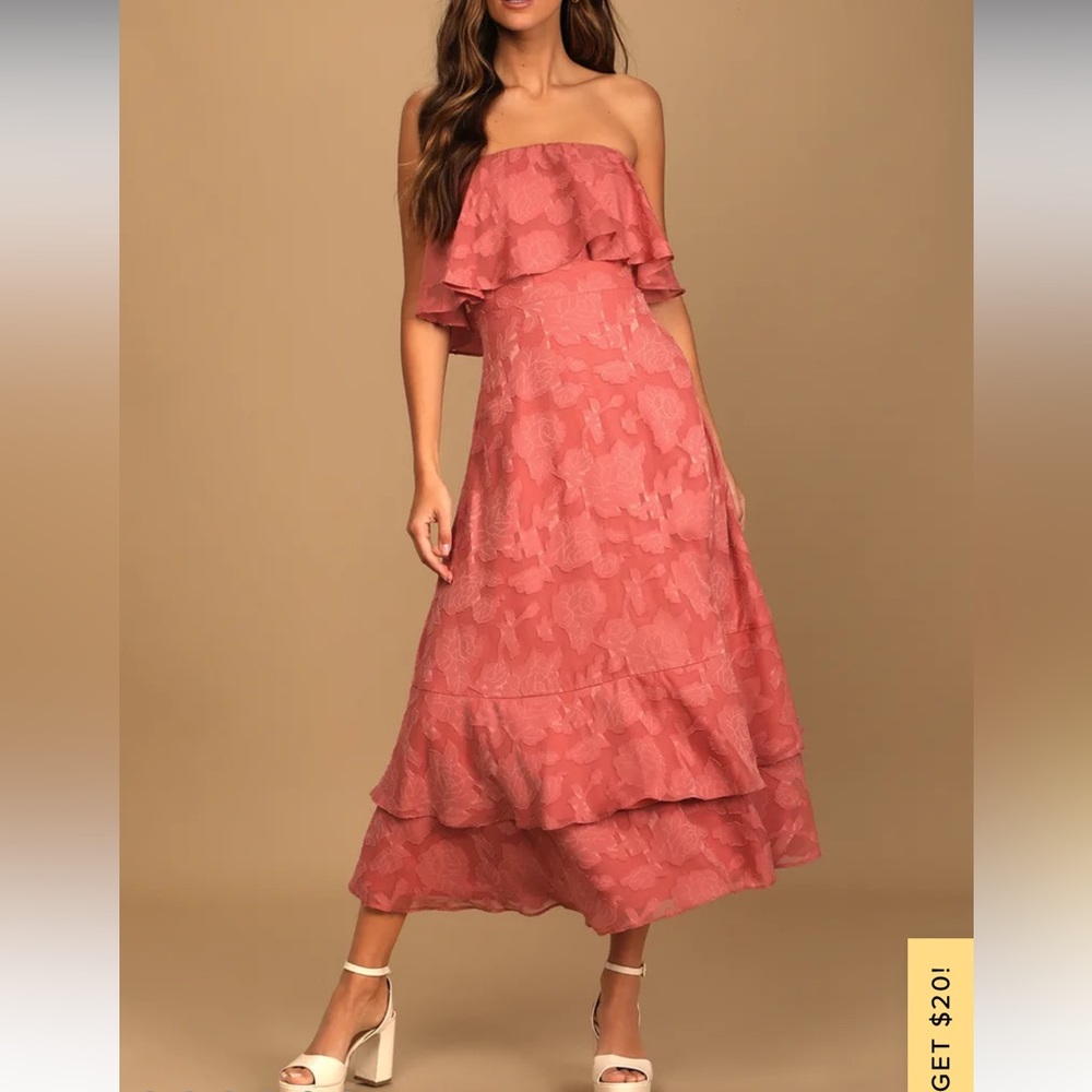 Lulus Love You So Truly rusty rose burnout floral strapless midi dress. XS